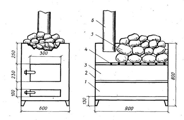 Чертёж металлической печи для бани