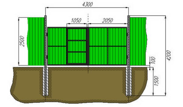 Чертёж распашных ворот с калиткой
