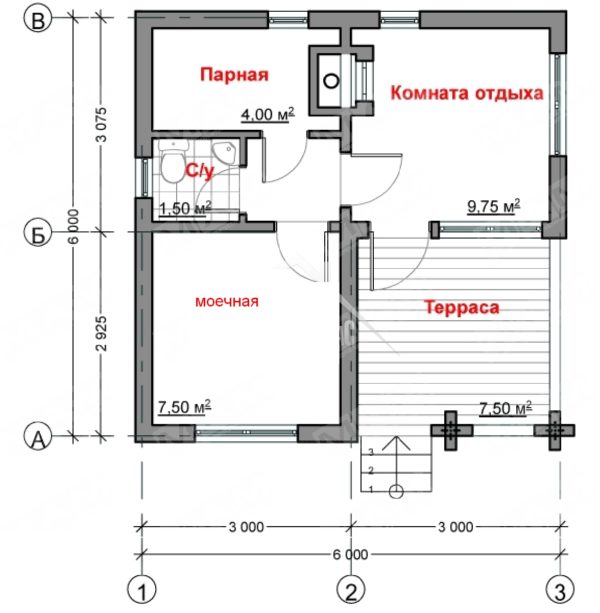 Планировка бани размером 6 х 6 м