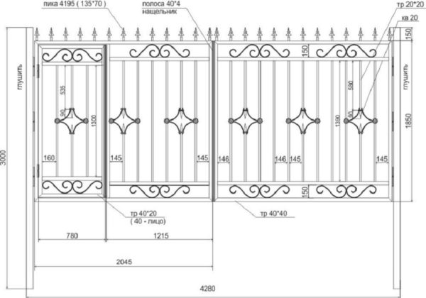 Схема распашных кованых ворот