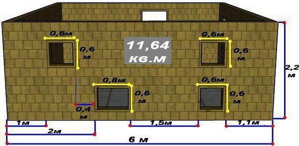 Схема стены В с размерами стены и оконных проёмов