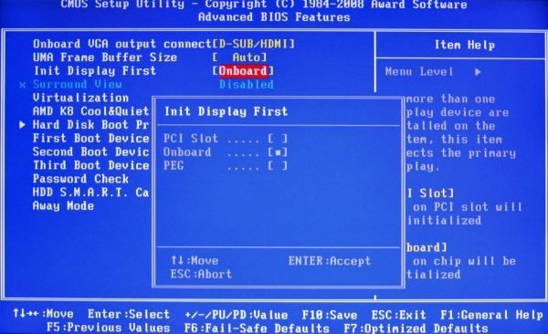 Выбор первичного видеоадаптера в BIOS