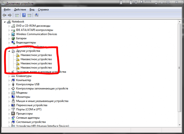 Неизвестные устройства в диспетчере устройств