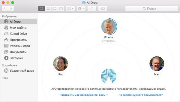 Главное окно AirDrop Mac