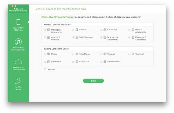 Окно утилиты iSkySoft iPhone Data Recovery