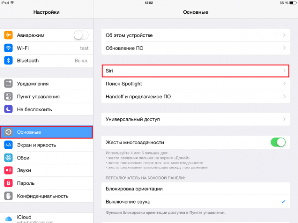 Вход в настройки Siri на iPad