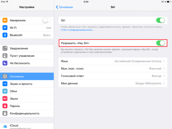 Включение ключевых функций Siri на iPad