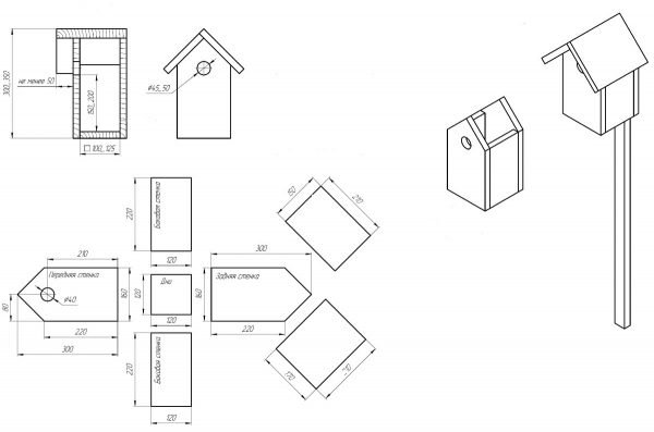 чертёж скворечника с двускатной крышей
