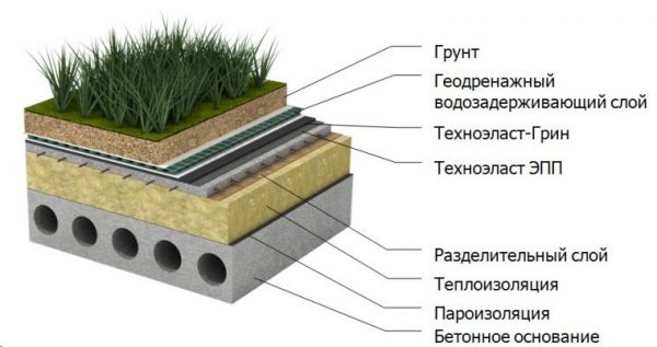 Кровельный пирог с грунтом и дренажным слоем