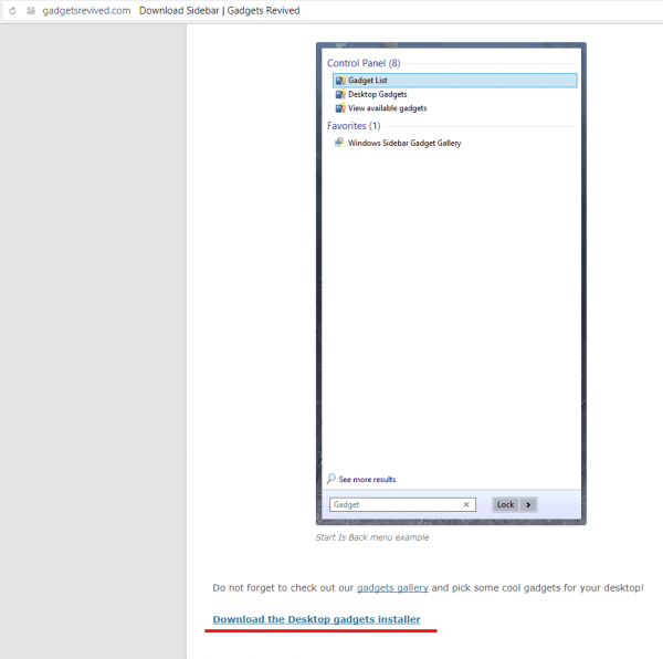 Ссылка Download the Desktop gadgets installer на сайте разработчика программы Gadgets Revived