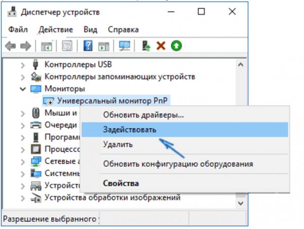 Пункт «Задействовать» в контекстном меню монитора