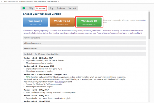 Официальная страница для скачивания программы StartIsBack++