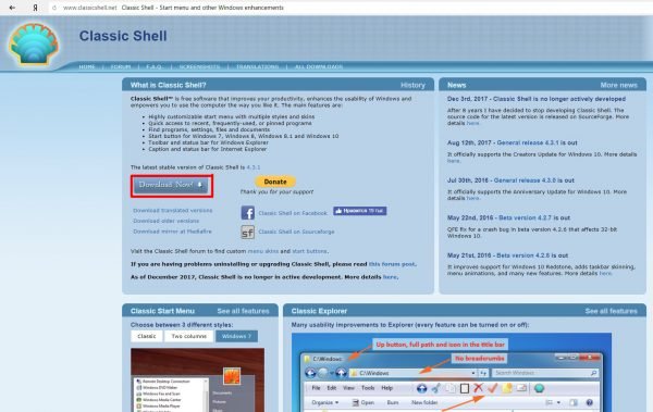 Официальная страница скачивания программы Classic Shell