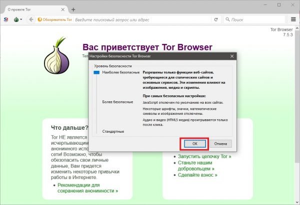 Окно «Настройки безопасности Tor Browser» с выбранным настройками