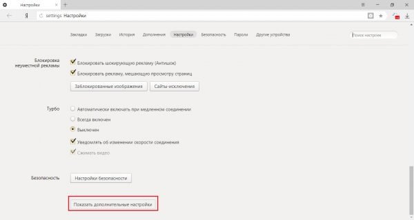 Выбор дополнительных настроек браузера