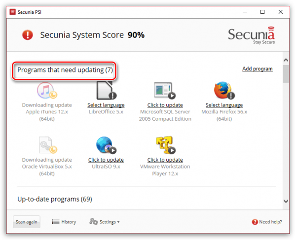 Раздел Programs that need updating