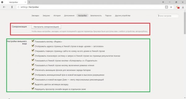 Разделы «Синхронизация» и «Настройки внешнего вида»