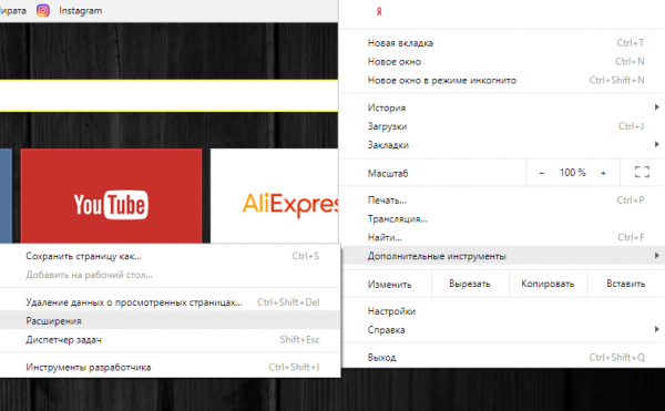 Меню Google Chrome