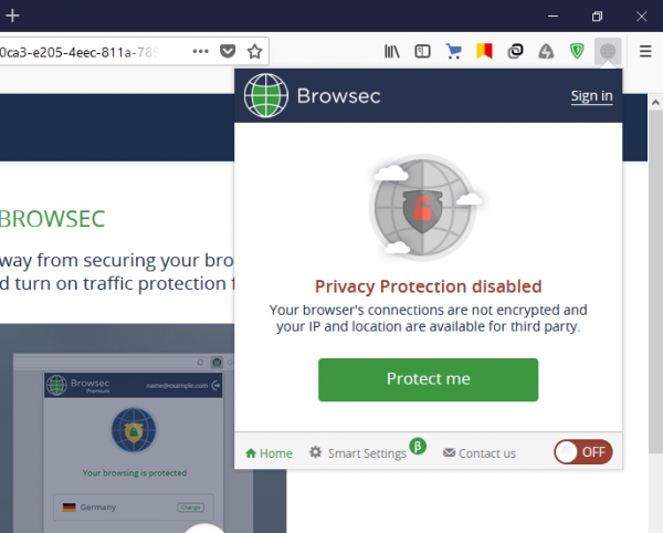 Меню Browsec VPN