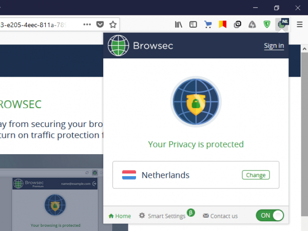 Включенное расширение Browsec