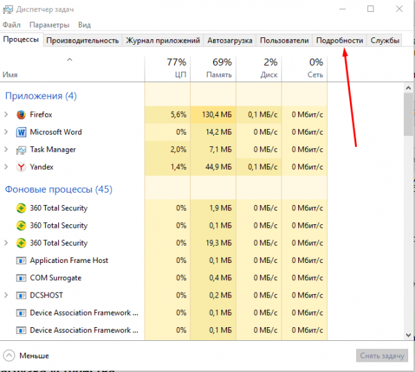 Вкладка «Процессы» в «Диспетчере задач» Windows 8/10