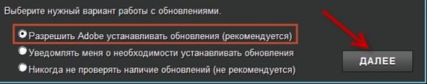 Выбор режима обновления Adobe Flash Player