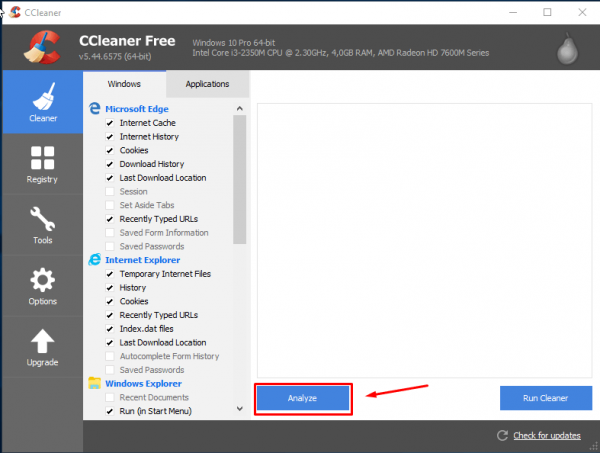 Окно CCleaner