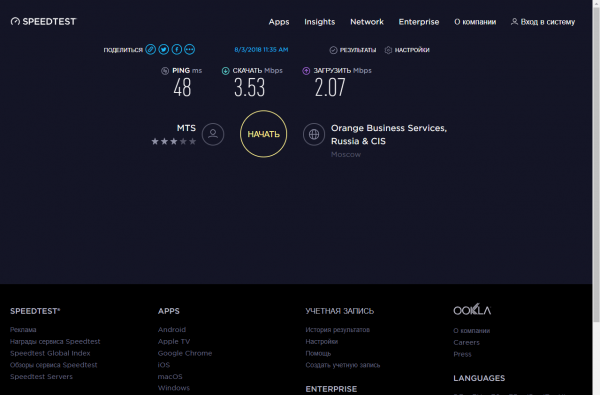 Анализ скорости на сайте Speedtest