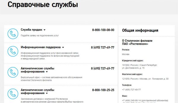 Номера телефонов служб поддержки