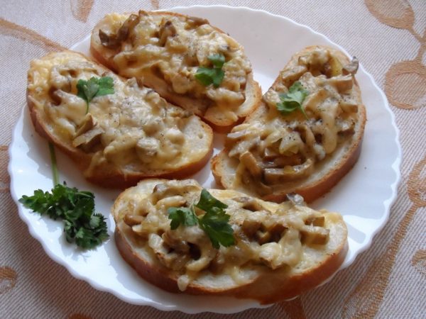 Готовые горячие бутерброды с шампиньонами, сыром и зеленью на белой тарелке