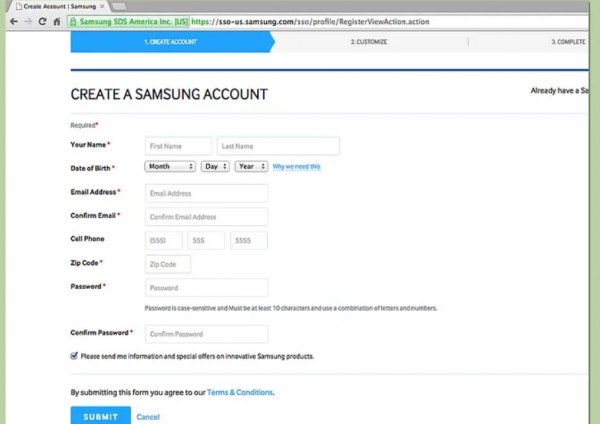 Создание аккаунта Samsung